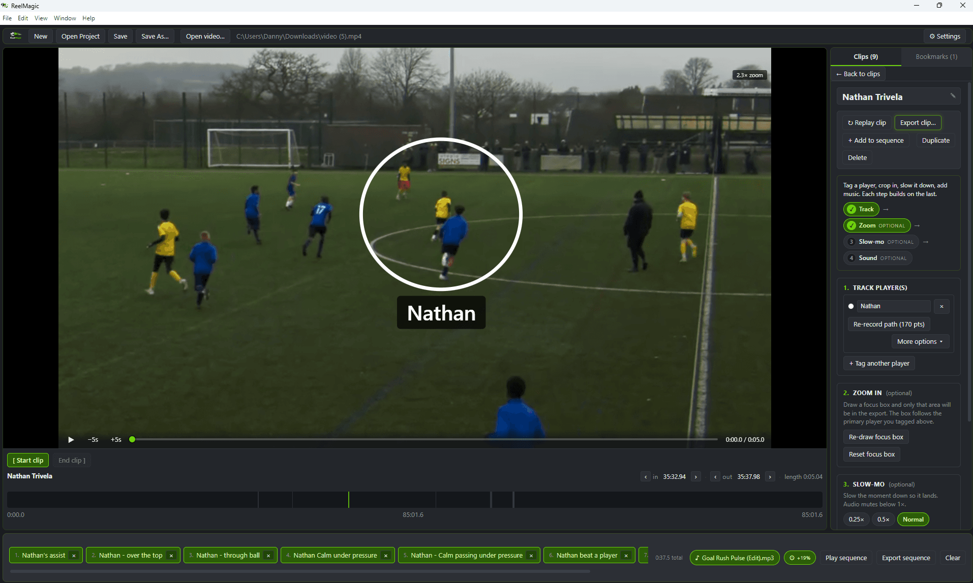ReelMagicPro clip editor — wide-angle Veo footage with an oval focus marker labelled Nathan, and the Track → Zoom → Slow-mo → Sound stepper across the top