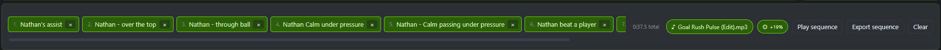 The sequence bar at the bottom of the ReelMagicPro window — six numbered clip chips, a 0:37.5 total readout, a Goal Rush Pulse music pill and a +19% brightness pill, with Play sequence, Export sequence and Clear buttons